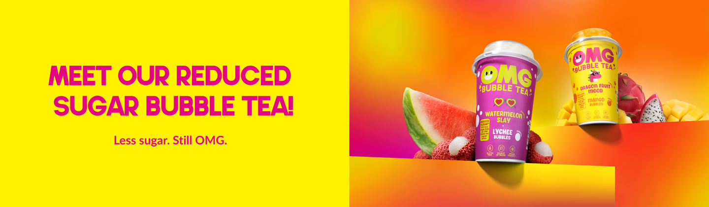 Meet our reduced sugar bubble tea! Less sugar. Still OMG.